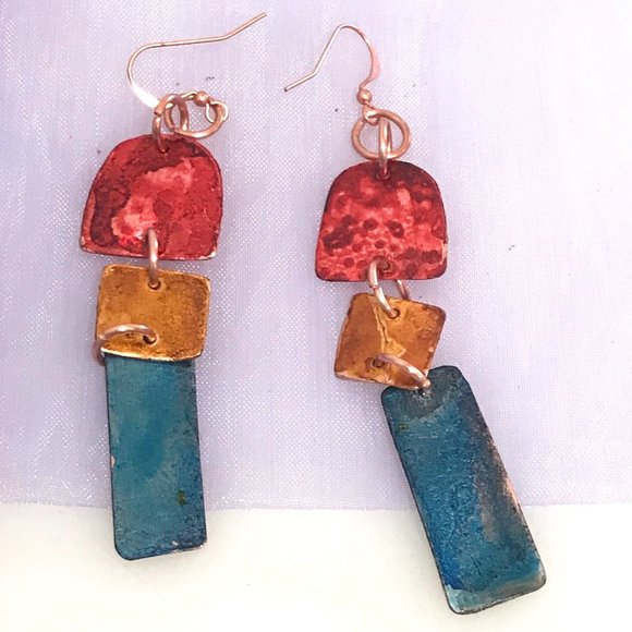 Primitive Brutalist Copper Earrings Boho Gift Chartreuse Festival Handmade - Picture 10 of 10